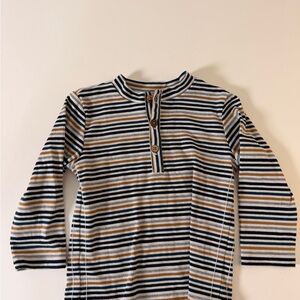 Striped Long-Sleeve‎ Henley Top in Navy, White & Tan